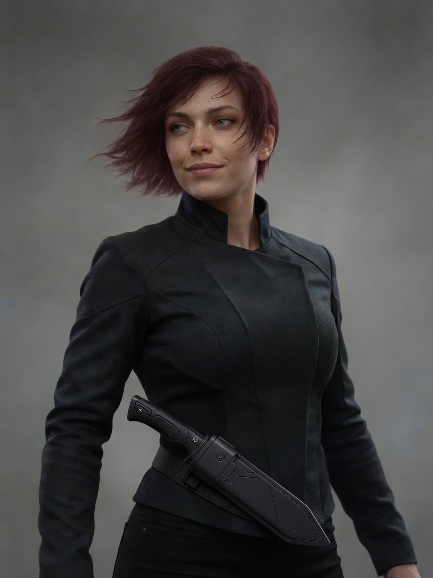 Liliana in dark civilian dress with sheathed cherenkov blade